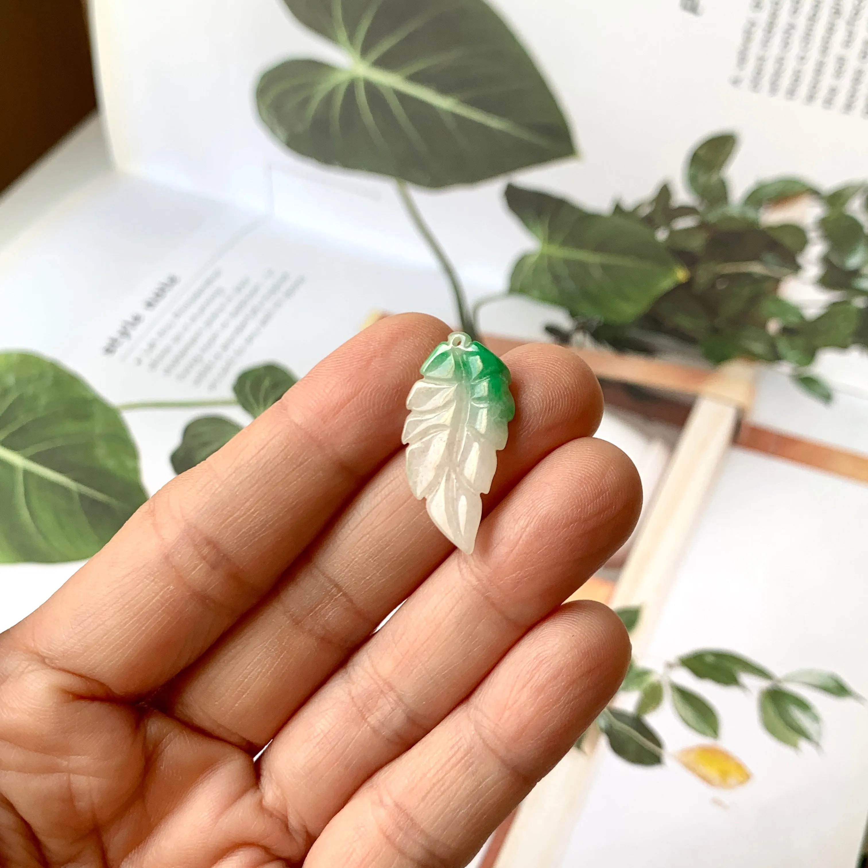 A-Grade Moss On Snow Jadeite Leaf Pendant No.172280