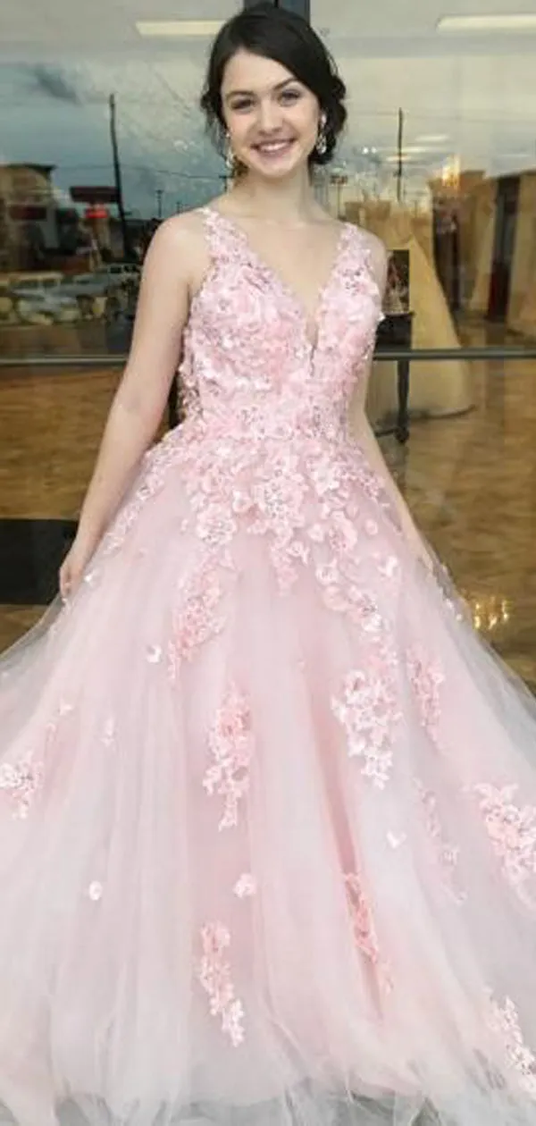 A-Line Deep V-Neck Long Cheap Pink Tulle Open Back Prom Dresses with Appliques, TYP1355