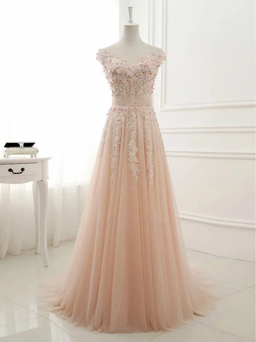 A-line Illusion Sweep Train Tulle Appliqued Prom Dresses 3020