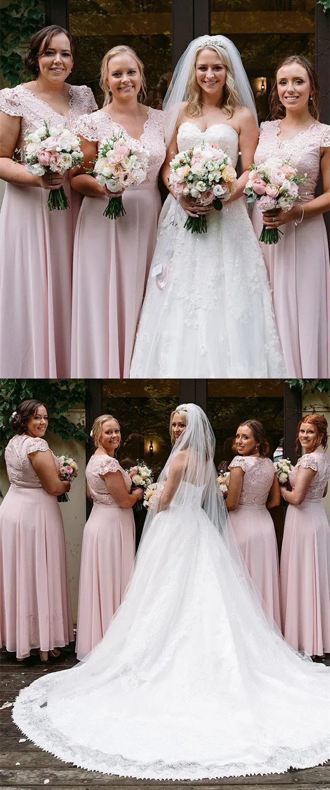 A-line Lace Top Cap Sleeves Long Pink Chiffon Bridesmaid Dresses, BD0593