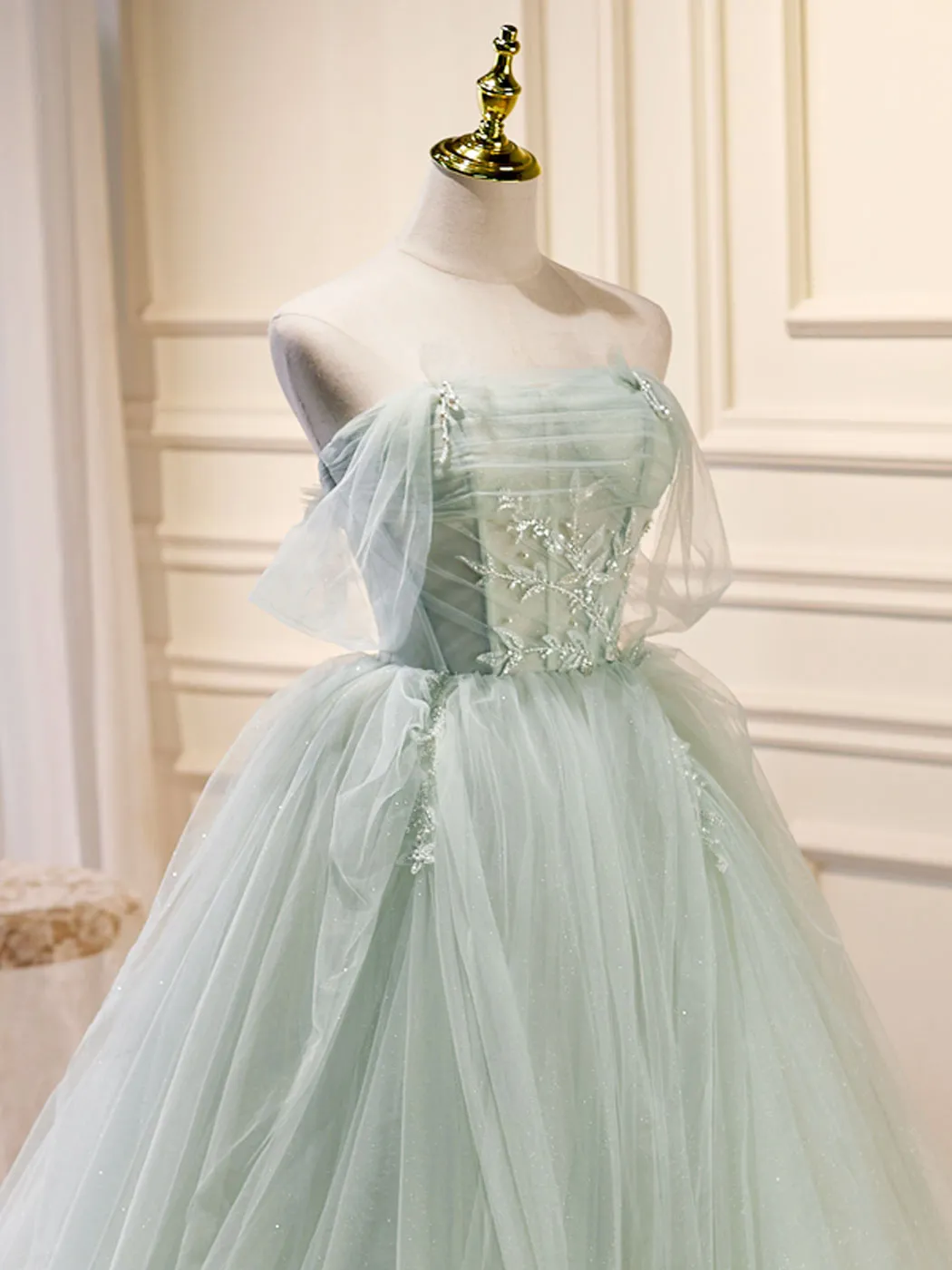 A-Line Off Shoulder Tulle Green Long Prom Dresses, Green Formal Dress with Beading