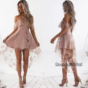 A-Line Spaghetti Straps off-shoulder Front short back long Pink Lace Homecoming dresses, HD0340