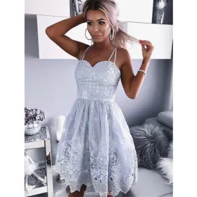 A-Line Sweetheart Spaghetti Straps Full Lace Sleeveless Short Homecoming Dress, HD0395