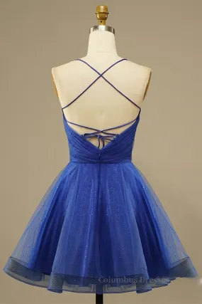 A Line V Neck Backless Blue Tulle Prom Dress, Backless Blue Homecoming Dress, Short Blue Formal Evening Dress