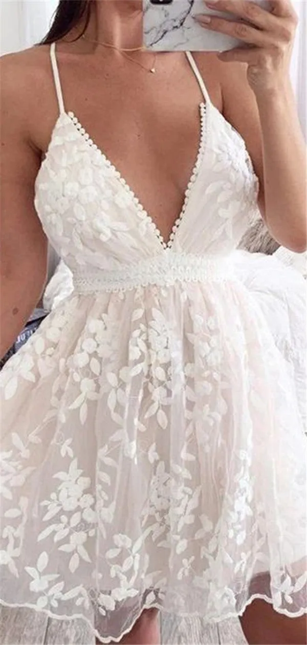 A-line V-neck Sexy Lace Appliques Short Homecoming Dresses, HD0565