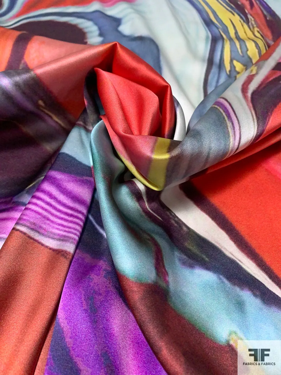 Abstract Painterly Marble Printed Stretch Silk Charmeuse - Multicolor