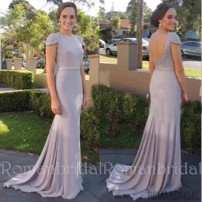 Beading Cap Sleeve Cheap Bridesmaid Dresses New Arrival Open Back Evening Gowns, long Prom Dress, PD0474