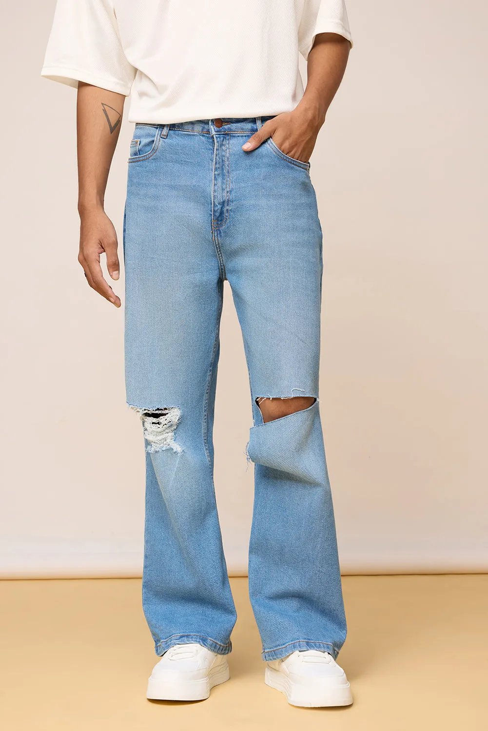 Blue Knee Distressed Men's Wide Leg Jeans