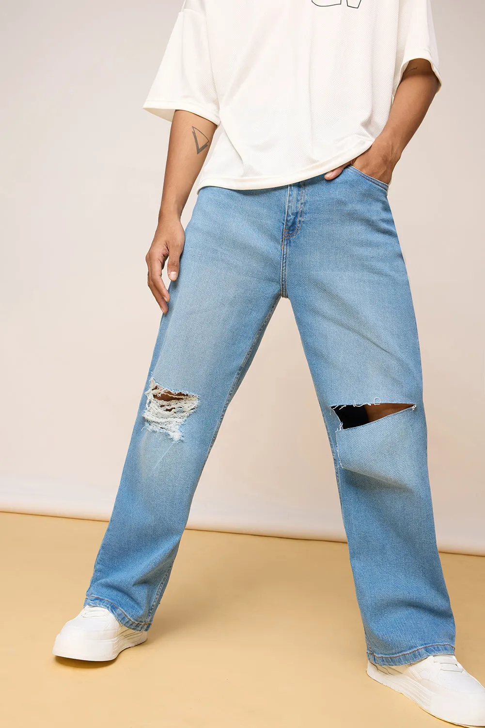 Blue Knee Distressed Men's Wide Leg Jeans