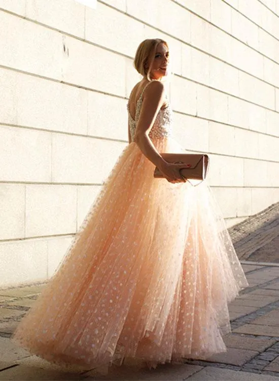 Blush Pink Charming A-line Spaghetti Strap V-neck Tulle Long Prom Dresses Gown, TYP1456