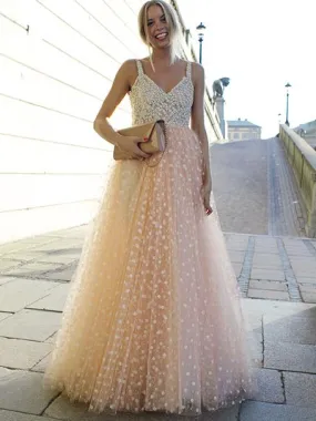 Blush Pink Charming A-line Spaghetti Strap V-neck Tulle Long Prom Dresses Gown, TYP1456