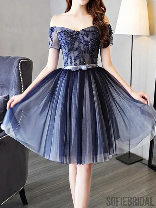 Cheap Off Shoulder Short Sleeve Navy Homecoming Dresses 2018, CM456