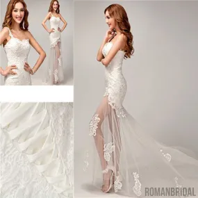 Chic Design One Shoulder Lace Top See Through Sexy Mermaid Lace Up Wedding Dresses, WD0143