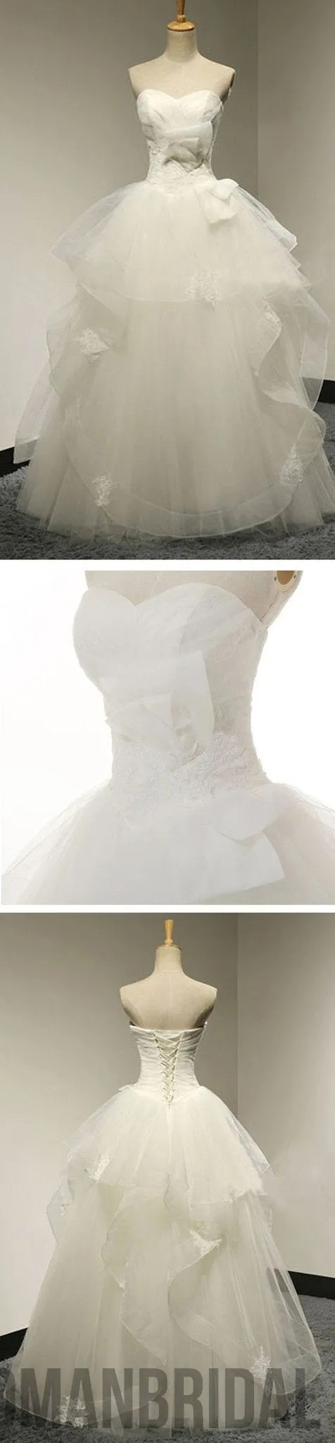 Chic Design Sweetheart White Tulle Wedding Party Dresses With Lace, Lace Up Bridal Gown, WD0034