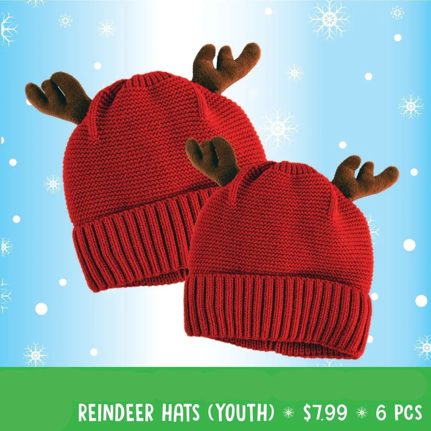 Christmas Antler Kids Winter Knit Hat Beanie - 6 Pieces Per Retail Ready Display 22651