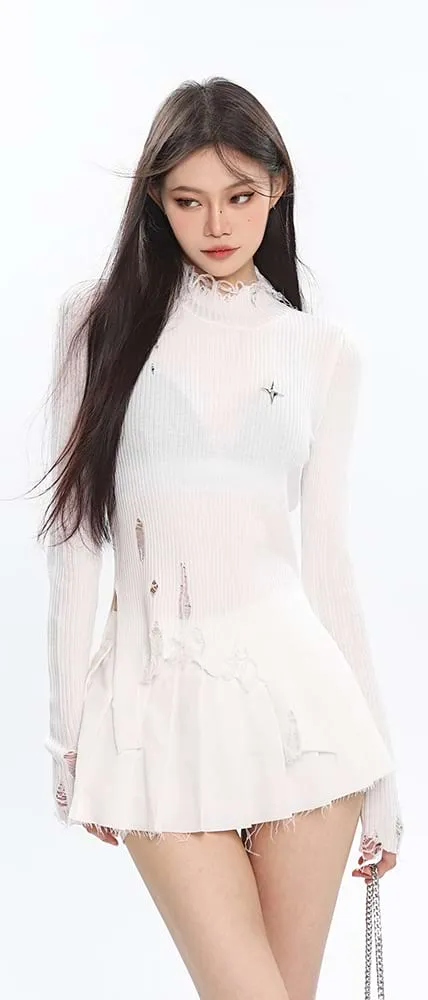 Distressed High Neck Long Sleeve Top