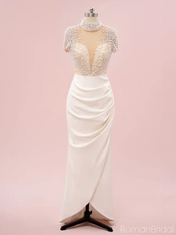 Elegant Cap Sleeve Beading Mermaid Satin Long Prom Dresses For Party Online, OL327