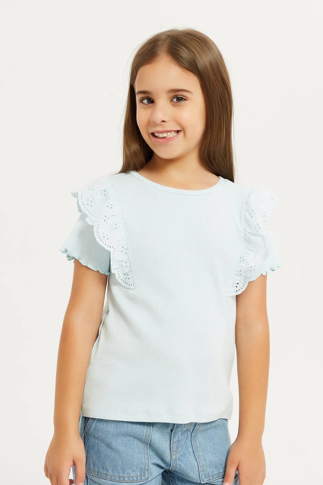 Girls Blue Ruffle Sleeve Embellished T-Shirt