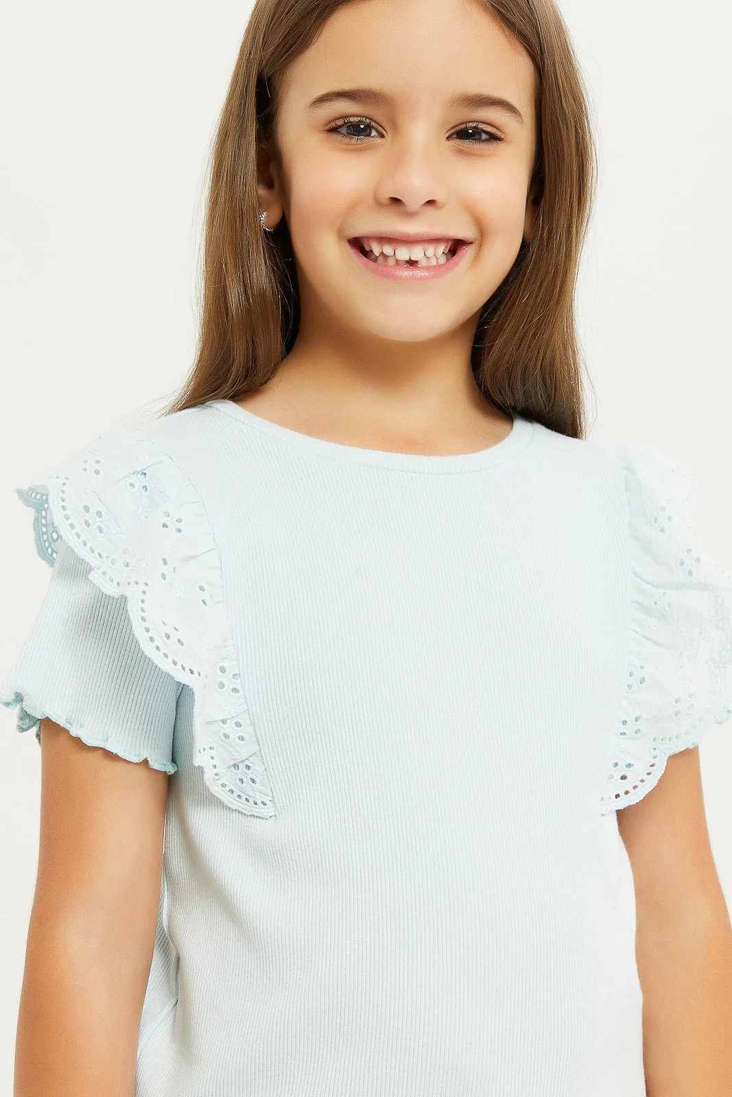 Girls Blue Ruffle Sleeve Embellished T-Shirt