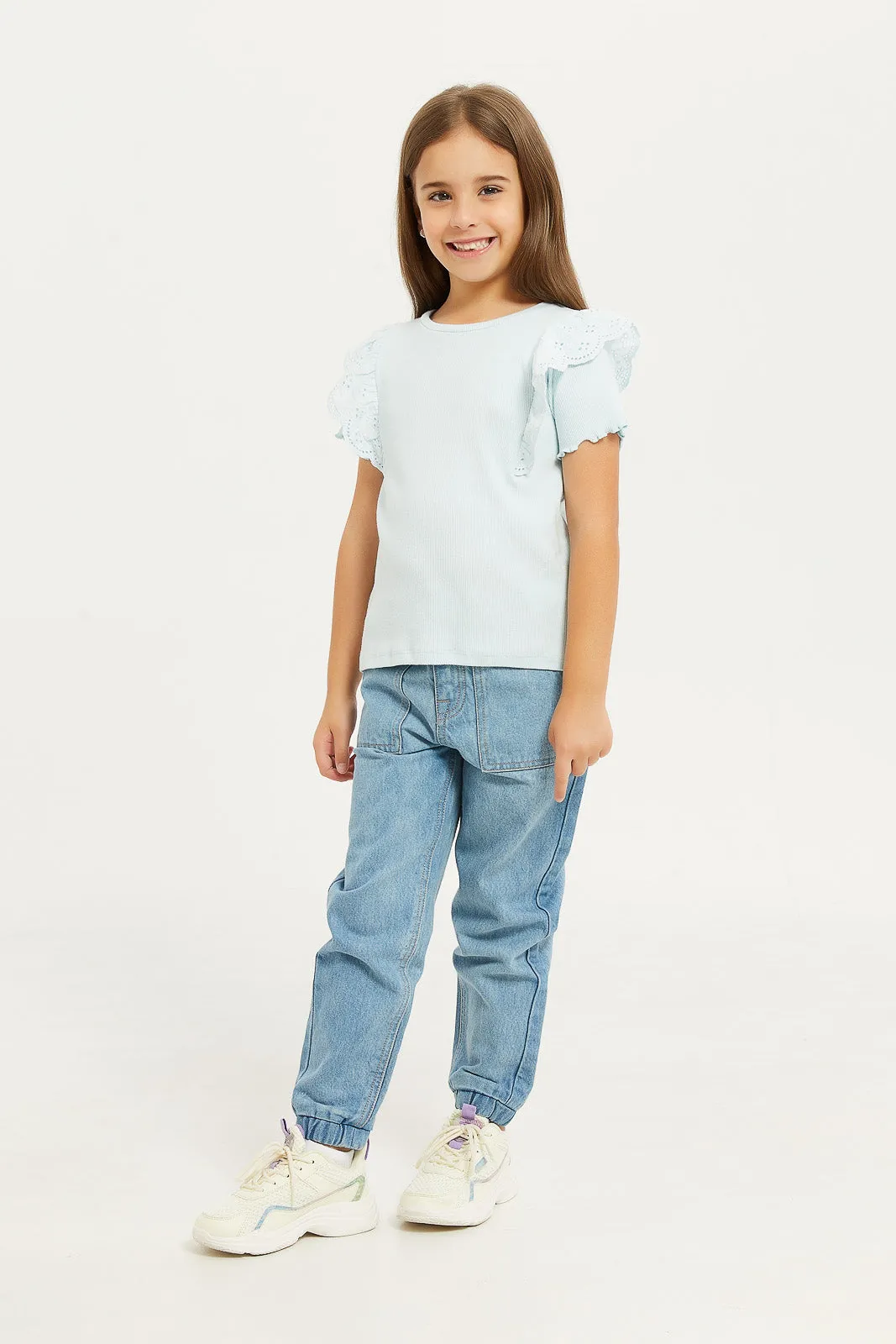 Girls Blue Ruffle Sleeve Embellished T-Shirt