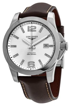 Longines Conquest Automatic Stainless Steel Silver Dial Brown Leather Strap Date Divers Mens Watch L3.777.4.76.5