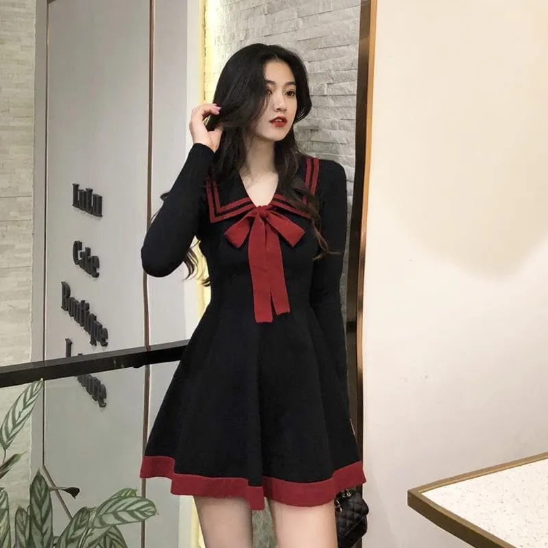 Longsleeved Mini Dress With Sailor Collar And Bow