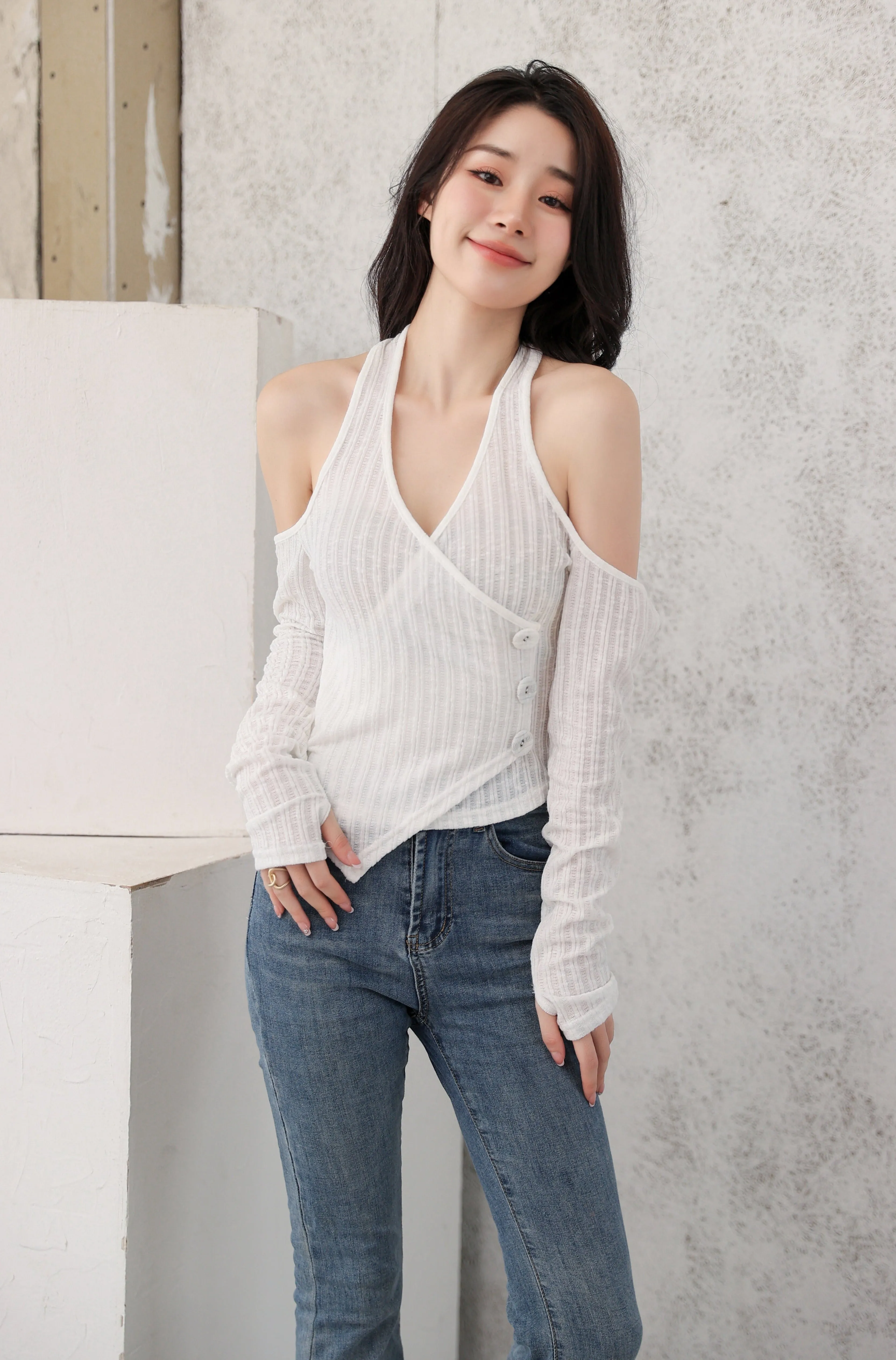 Mock Layer Cold Shoulder Knit Crop Top