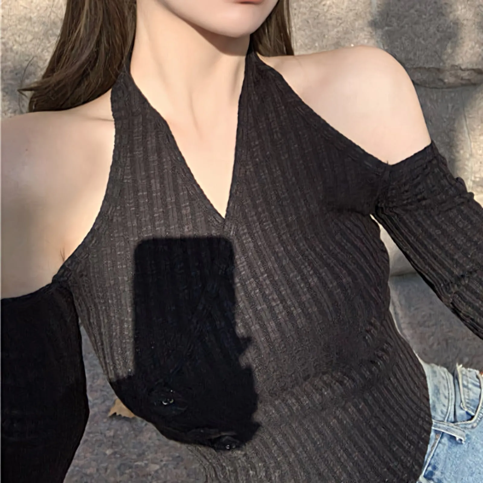 Mock Layer Cold Shoulder Knit Crop Top