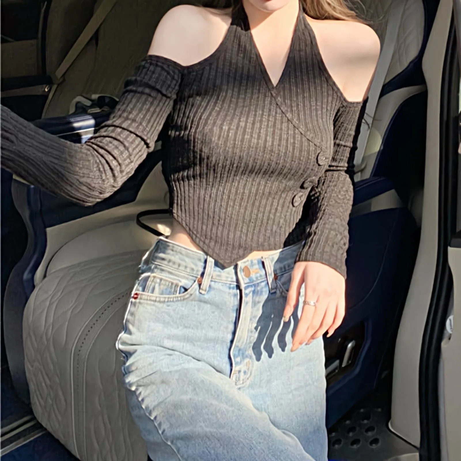 Mock Layer Cold Shoulder Knit Crop Top