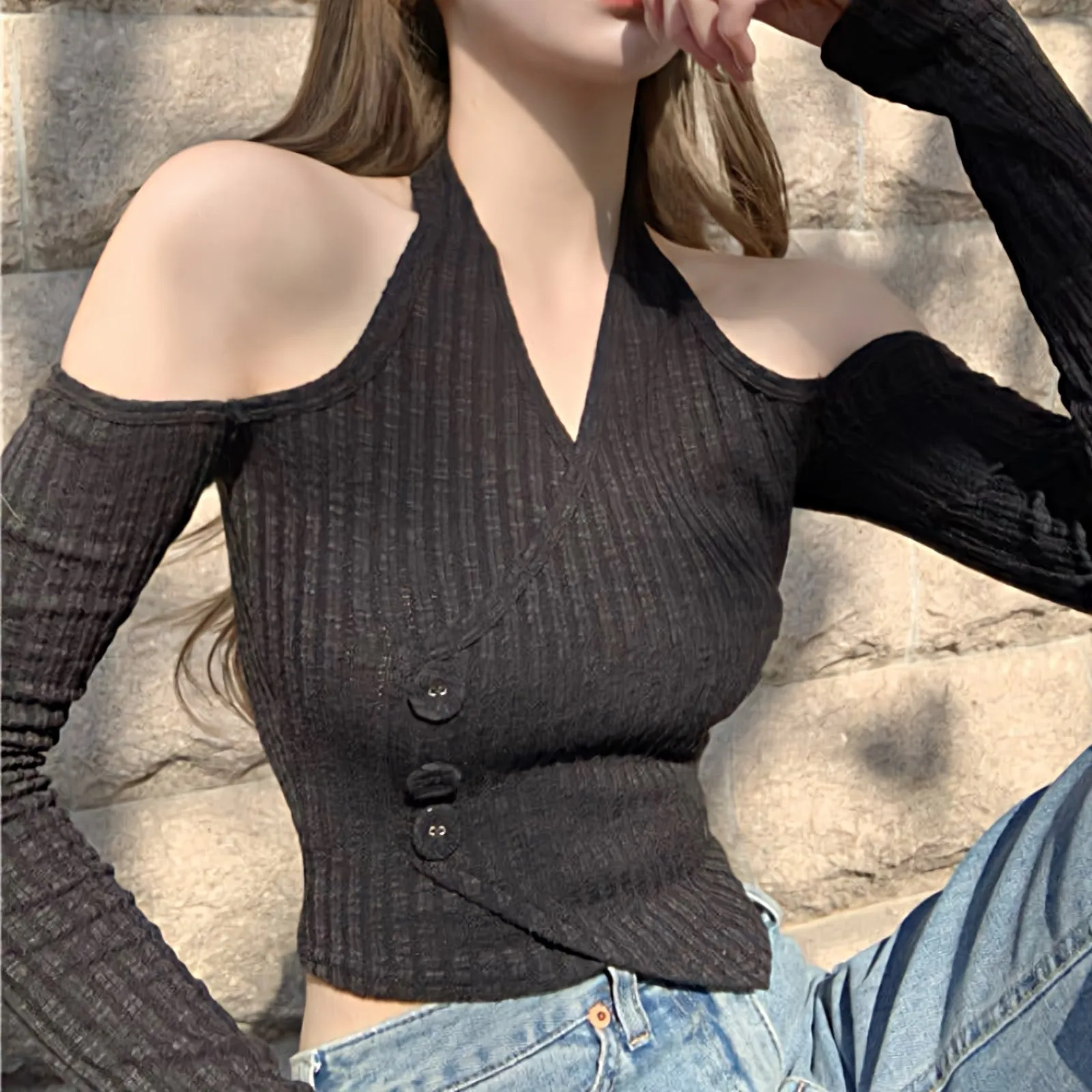 Mock Layer Cold Shoulder Knit Crop Top