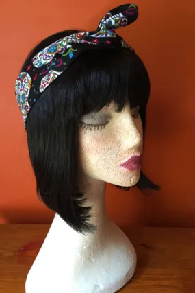 Reversible Wired Headband in Black Sugar Skull Print & Black