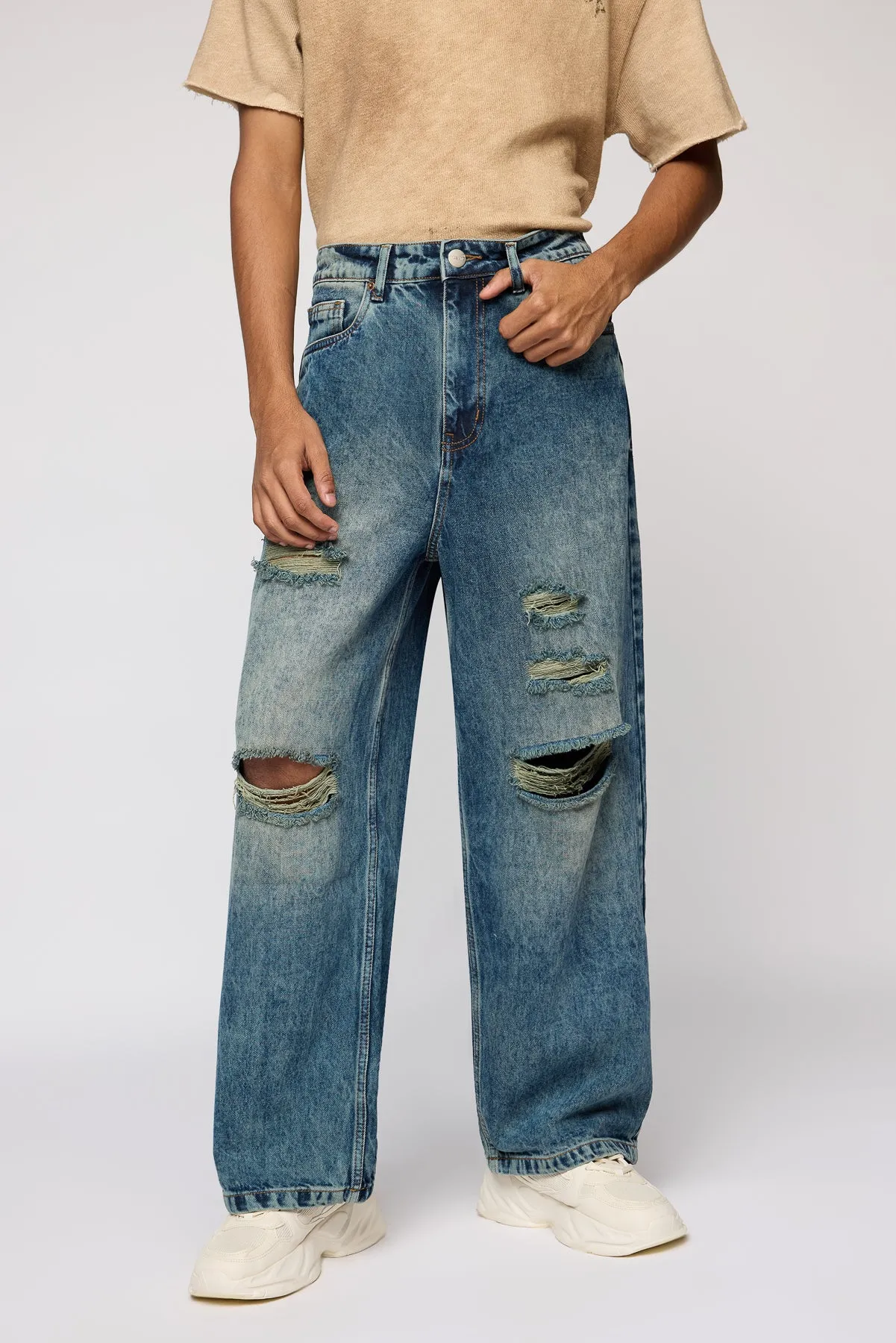 Ripped Riot Mid Blue Men's Wide Leg Jeans