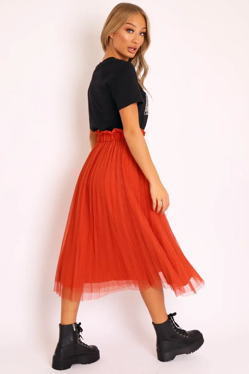 Rust Polka Tulle Pleated Midi Skirt - Soniya