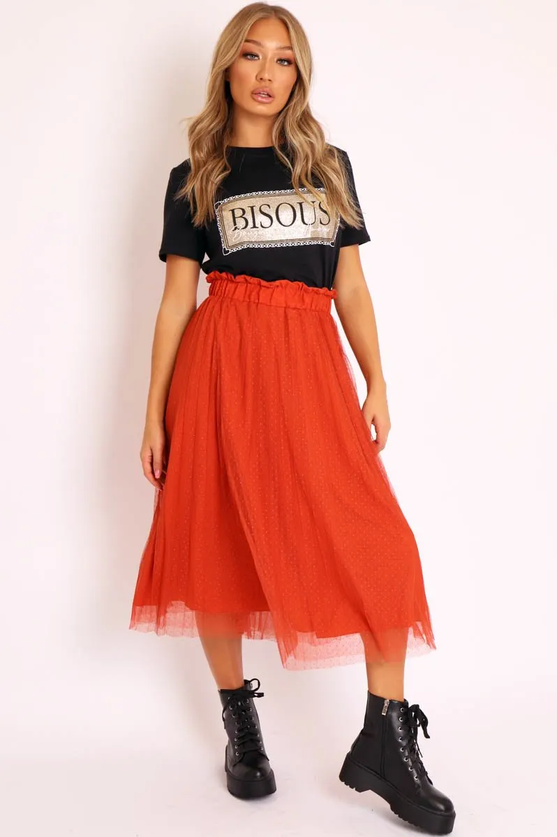 Rust Polka Tulle Pleated Midi Skirt - Soniya