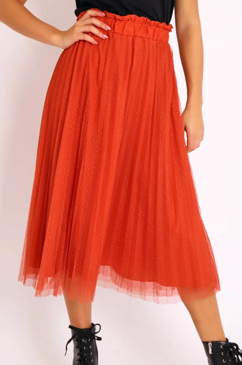 Rust Polka Tulle Pleated Midi Skirt - Soniya