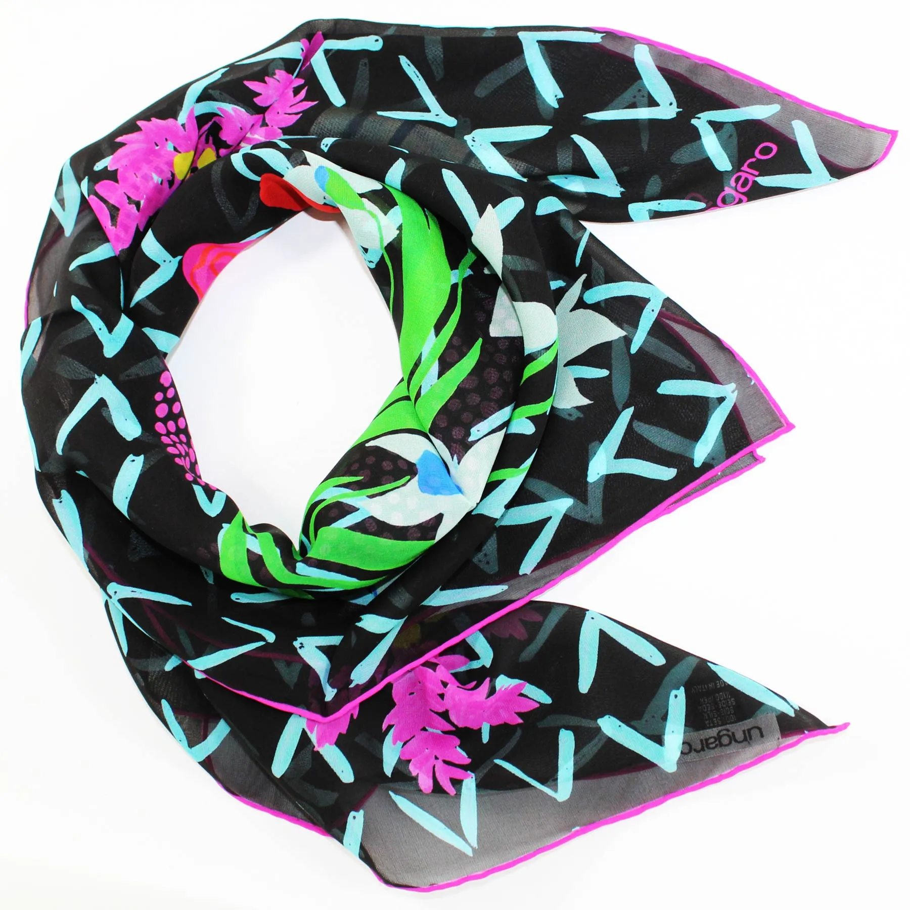 Ungaro Scarf Black Floral - Chiffon Silk Square Foulard